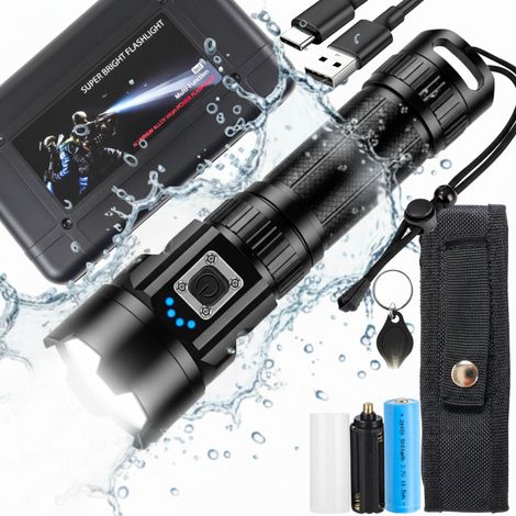 LED-Taschenlampe, 20000 Lumen, wiederaufladbar, leistungsstark, Zoom-Suchfunktion, USB-Anschluss, wasserdicht