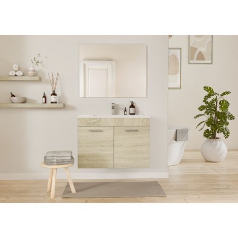 Meuble de salle de bain MINAO 80 en kit - 2 portes - Bois Clair - Faible prodondeur