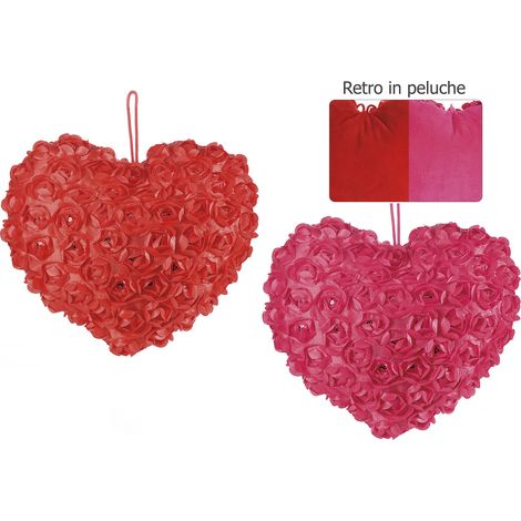 Cuscini a forma di cuore rosso e fucsia con roselline in stoffa, paillettes, retro in peluche e cordino per appendere, set da 2 pezzi, cm 29 x 26 H