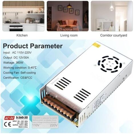 NALOOKAMIC Alimentation 12V 30A transformateur convertisseur d'alimentation AC 110/220V DC 12V 30A 360W pour Informatique,lumières LED