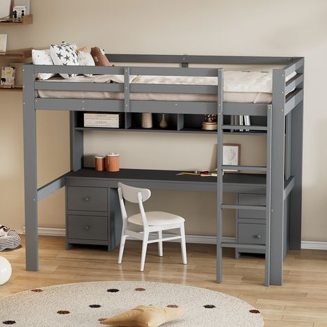 Lit mezzanine 90x200cm - avec bureau et 2 commodes - en pin massif et MDF - Gris (1/4)