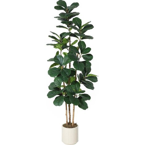 Figuier Lyre Artificiel Réaliste en Pot Blanc, Tronc Naturel, Feuillage Dense et Brillant, Plante Verte Décorative sans Entretien pour Salon, Chambre, Bureau, Ramifications, 180cm (1/5)