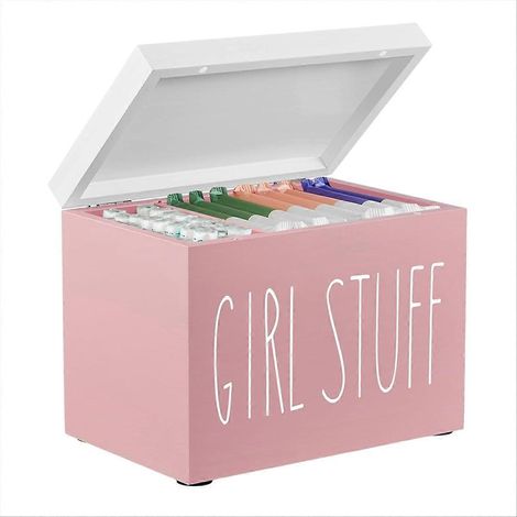 Porte-tampons pour salle de bain, organisateur de produits d'hygiène féminine, étui à serviettes hygiéniques avec couvercle à charnière, rangement pour tampons (rose) (1/5)