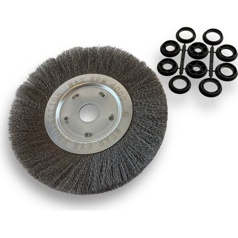 Brosse circulaire ACIER Ø 250 mm Epaisseur 1 rang Fil souple 0.20 mm ondulé Alésage 32 mm + réducteur bague 25/22/20/16/12 mm Touret meuleuse affûteuse ponceuse Kibros 211251AV (1/5)