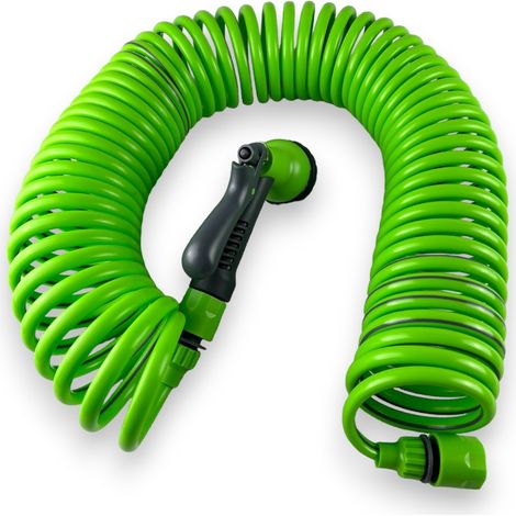 Tubo irrigazione allungabile da 15 metri a spirale con pistola multifunzione 8 getti e raccordi Brixo Iris Nilo