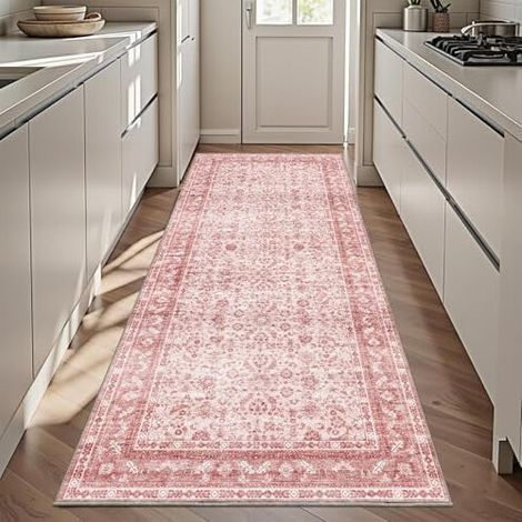 Tapis de couloir rose vintage 90 x 180 cm, lavable, antidérapant, en fausse laine à poils courts, doux et vieilli, idéal pour la cuisine, le couloir ou l'entrée – Convient à une utilisation intérieure