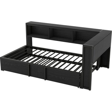 Cama de metal 90 x 200 cm con cama nido, almacenaje, LED y puertos USB, negra (1/5)