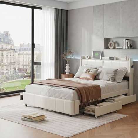 Lit coffre 160x200 cm, Lit double avec USB et Type-C, Veilleuse, Lit capitonné avec 4 tiroirs, Tête de lit avec rangement, PU, Blanc (160x200 cm) (1/5)