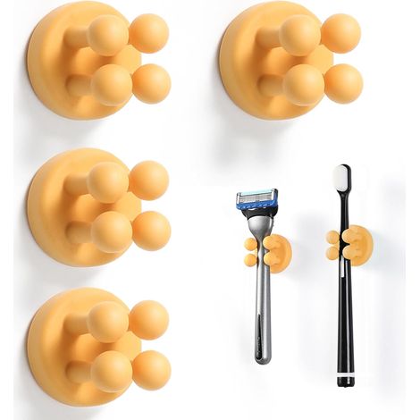 Lot de 4 porte-brosse à dents pour salle de bain, crochet multifonction étanche auto-adhésif pour brosse à dents simple crochet support (jaune) (1/5)