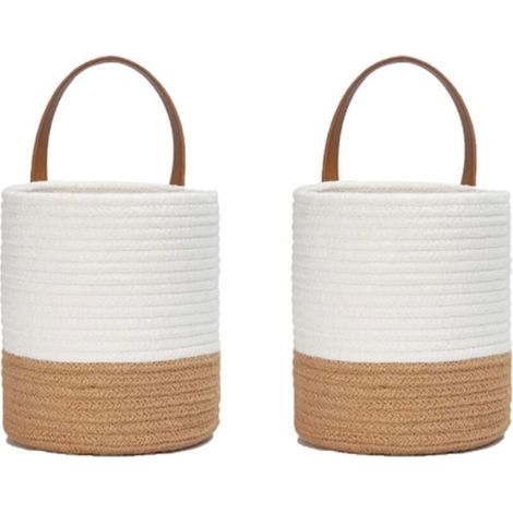 2 Pcs Cotton Rope Woven Plant Baskets, Hanging Woven Wall Basket Set, Cotton Rope Basket, for Flower Pot Cotton Stand Home Decor White + Jute
