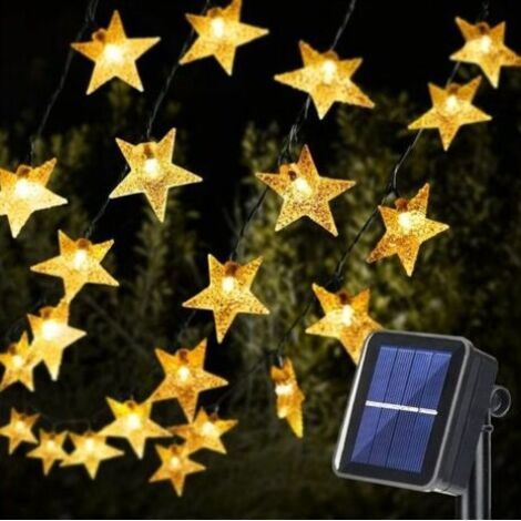 Guirnalda de luces solares en forma de estrella para uso exterior, 12 m de largo, 100 LED, 8 modos de iluminación, resistente al agua, ideal para jardín, patio o fiestas navideñas.