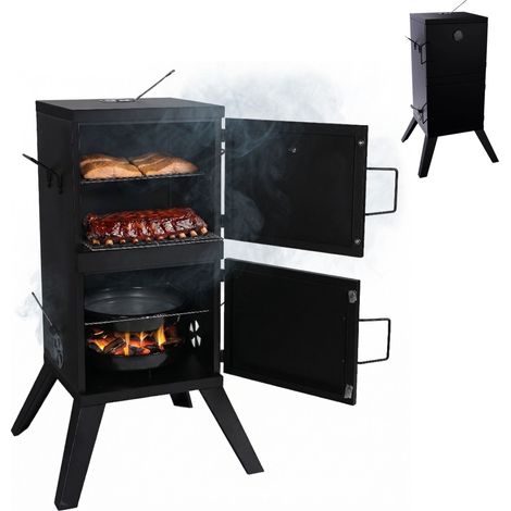 Relaxdays Smoker 2 portes, thermomètre, H x l x P : 108,5 x 57 x 56 cm, acier, bac à eau, noir