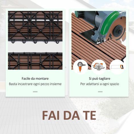Lot de 11 dalles HDPE recyclé brun 30x30x2,2 cm, antidérapantes pour extérieur, assemblage facile sans outil.