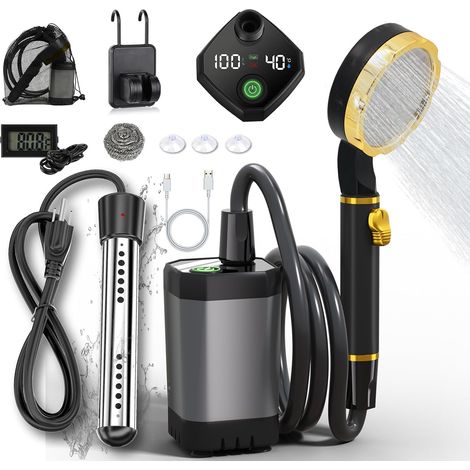 Douche de camping portable (avec chauffe-eau à immersion), équipée d'un écran LED intelligent et d'une batterie rechargeable de 9000 mAh.