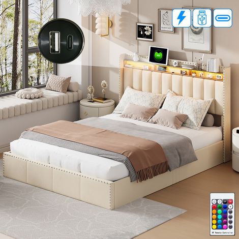 Erwachsenenbett 140x200 cm, 2 Plätze, mit LED, Stauraum, gepolsterte Dekoration, Lattenrost aus Holz, Metallrahmen, gepolstertes Bett aus Samt - Beige