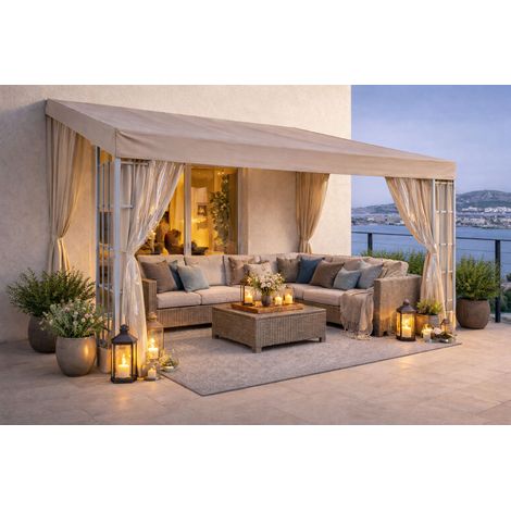Rank Anbau 3x4m Sand mit 3 Seitenteilen Anbaupavillon Terrassendach