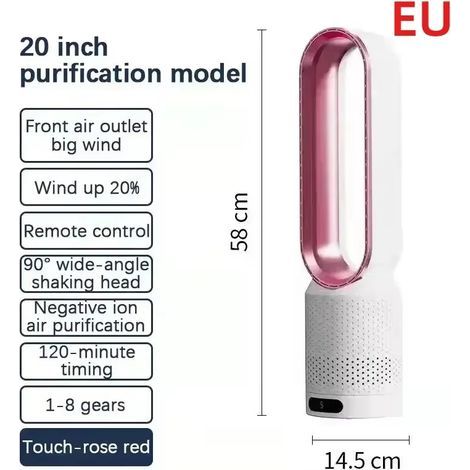 Ventilateur tour sans pales 20″ 220V – Silencieux, purificateur, circulateur – Rose (1/5)