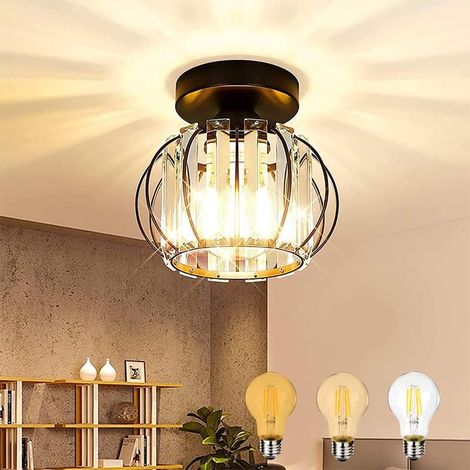 Retro crystal ceiling light, black metal cage, E27 socket, dimmable, 22 cm, for entryway, living room, bedroom (1/5)