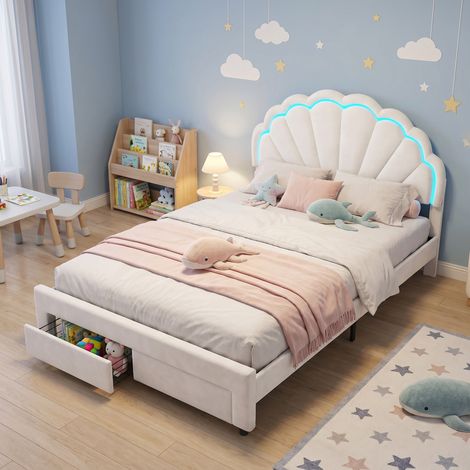 Einzelbett 140x200, LED-Beleuchtung und Stauraumschublade, Kinderbett mit verstellbarem Kopfteil in Muschelform, Samtbezug, moderner Prinzessinnen-Stil(140x200cm, Weiß)