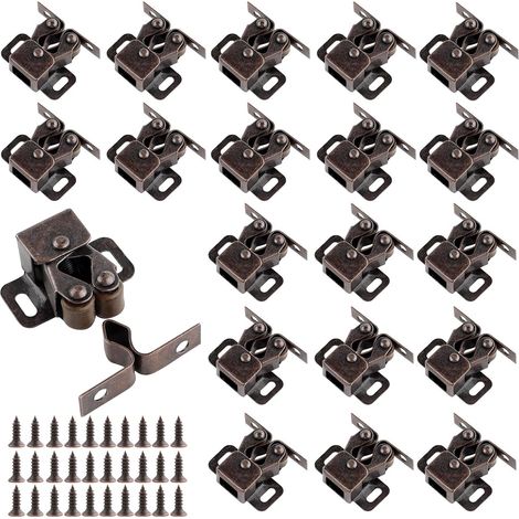 Lot de 20 loquets de porte à double rouleau - Loquet de porte d'armoire plaqué zinc - Avec vis pour armoire de cuisine, meubles - Marron - Cuivre antique (1/5)