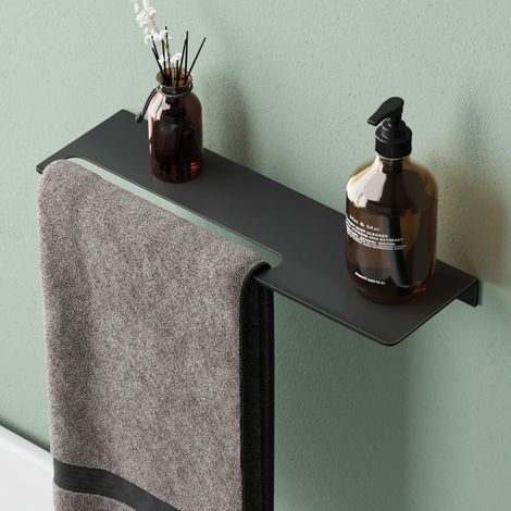 Mai & Mai Mensola da Parete Multifunzionale 40cm, Mensola per Doccia in Alluminio con Portasciugamani Mensola da Appendere per Bagno e Cucina, Nero Opaco, Reglo-06 (1/5)