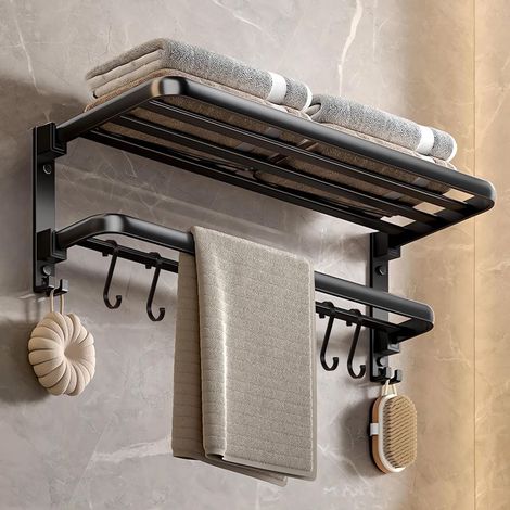 Porte-Serviettes Mural - Acier Inoxydable 304 - Sans Perçage - Pliable À 90° - Pour Salle De Bain - 40 Cm - Noir (1/5)