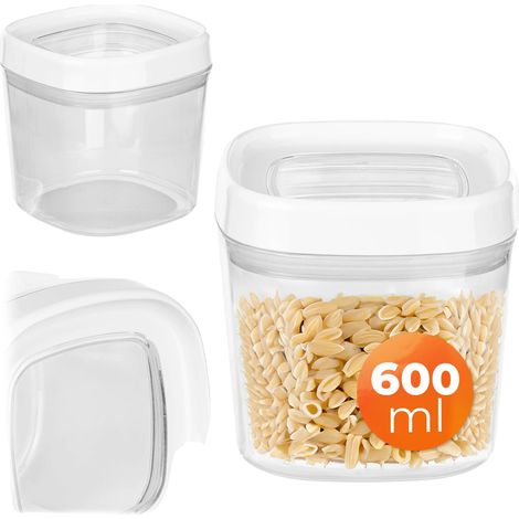 Recipiente para alimentos, capacidad de 0,6 L, diseño rectangular, cierre hermético de goma, material transparente, uso multiusos. (1/5)
