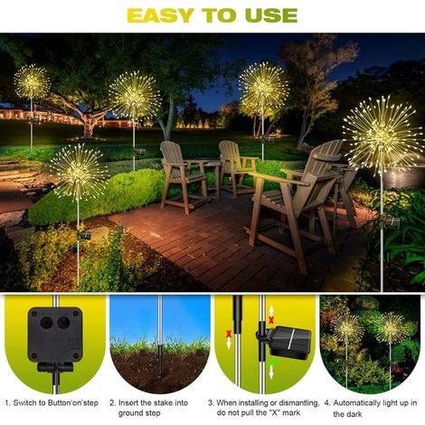 Lampe Solaire Exterieur Jardin 2 Pièces 120 LED Feu d'artifice Solaire, 8 Modes Étanche Lumière Lampes solaires de pissenlit pour Jardin Pelouse Terrasse Noël Décoration (1/2)