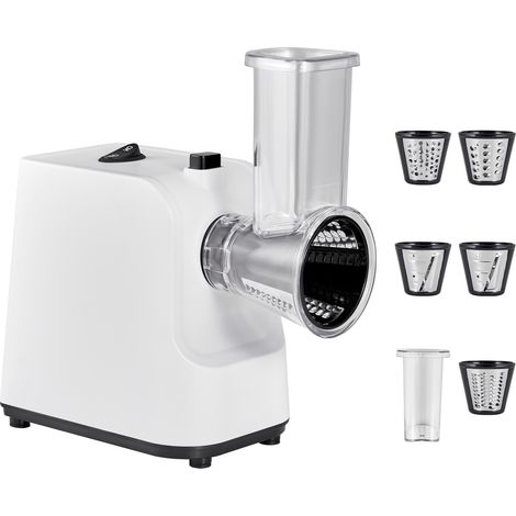 Mophorn Rallador de Queso Eléctrico 5 en 1, ABS, Cortador de Ensaladas de 200 W, con 5 Accesorios, Cuchillas de Acero Inoxidable para Verduras y Queso, Corte Eficiente, 240 x 125 x 270 mm, Blanco