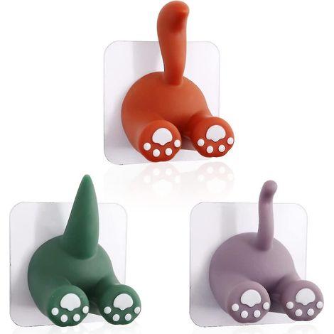 Set mit 3 vielseitigen, tierförmigen Haken mit Schwänzen, selbstklebende Wandhaken mit Cartoon-Muster, niedliche Zahnbürstenhalter, kompatible Halter für Küche und Badezimmer. (1/5)