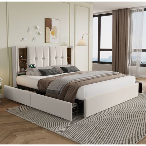 Bett Doppelbett mit Stauraum 160x200 Samt Beige OKMYHOME