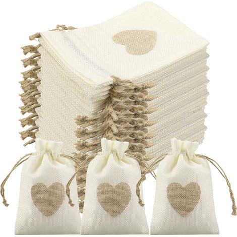 Lot de 24 sachets en toile de jute 15 x 10 cm en forme de cœur (1/5)