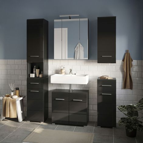 Ensemble 4 meubles + armoire de toilette décor noir brillant - KUEDA