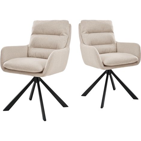 Bon Furni Tela texturizada Silla de comedor Beige, Set de 2, giratoria 360°, con respaldo segmentado, reposabrazos y patas de metal robustas
