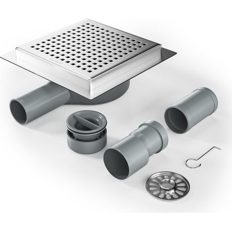 Caniveau de douche carré 15 x 15 cm, siphon à 360° avec système anti-odeurs et tamis à cheveux, en acier inoxydable, très plat DN50 DN40 (1/5)