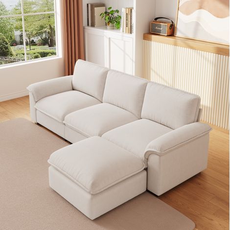 Canapé d’angle modulable 259x154 cm avec méridienne déplaçable, chenille beige, structure bois (1/5)