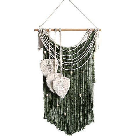 Tapisserie de style bohème, faite main en soie filée de feuilles avec pompons, verte - JBMEDIA (1/4)