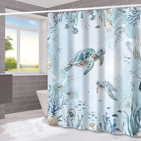 Lntyq Rideau de douche Tortue de mer Bleu Océan Algues Rideau de bain Tissu polyester Anti-moisissure Imperméable Lavable Rideau de salle de bain 180 x 180 cm avec 12 crochets pour baignoire (1/5)