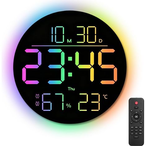 Horloge murale numérique 25,4 cm avec veilleuse, télécommande et alarme, 9 couleurs RVB, affichage de la température, date, jour de la semaine et luminosité automatique, horloge murale (1/5)