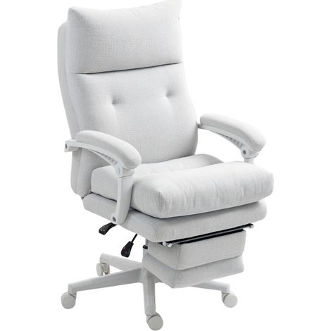 Silla de Oficina Ergonómica con Respaldo Reclinable y Reposapiés, Altura Regulable, Poliéster, Blanco Crema (1/5)