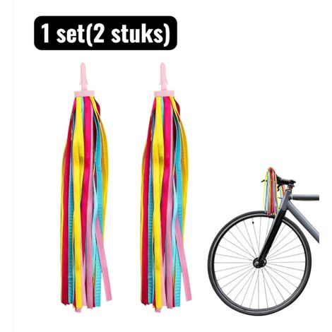 Lot de 2 rubans décoratifs pour guidon de vélo avec pompons et ressorts 32 bandes en polyester pour vélo trottinette et skateboard couleurs vives pour enfants (1/5)