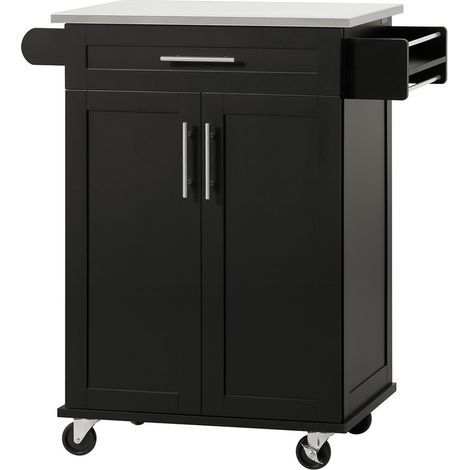 Mobile Kitchen Dessert Trolley, Service Cart with Stainless Steel Tray, 1 Drawer, 1 Door, Adjustable Shelves, Spice Rack, Towel Holder, Mobile Storage Unit 60 x 43 x 90 cm, Black SoBuy FKW110-SCH (1/5)