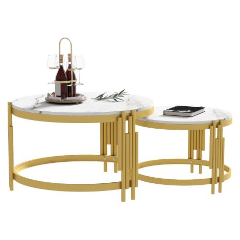 Set di tavolini modulari da caffè, effetto marmo, struttura in metallo dorato, tavolini rotondi in due dimensioni (1/5)