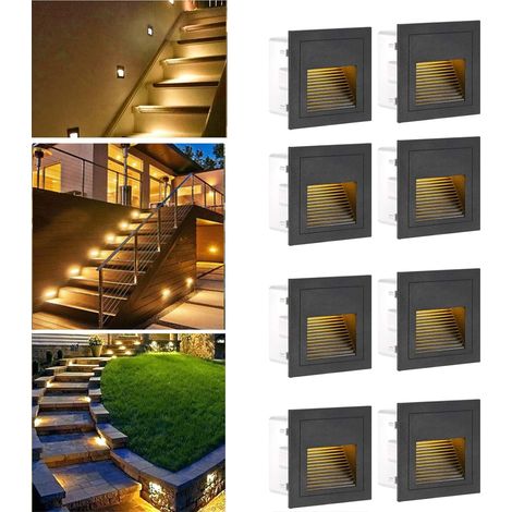 3W Applique Encastré Murale, IP65 étanche Lumières d'escalier Carré, Blanc chaud applique avec boîte encastrée, 230V eclairage mural alu escalier encastrable marchepied,Lot de 8,noir (1/5)