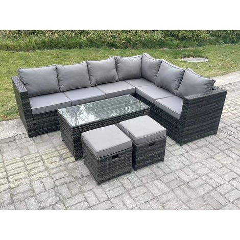Fimous 8 Seater Rattan Corner Sofa Lounge Sofa Set With Rectangular Coffee Table 2 Stool Dark Grey Mixed Right Hand (1/5)