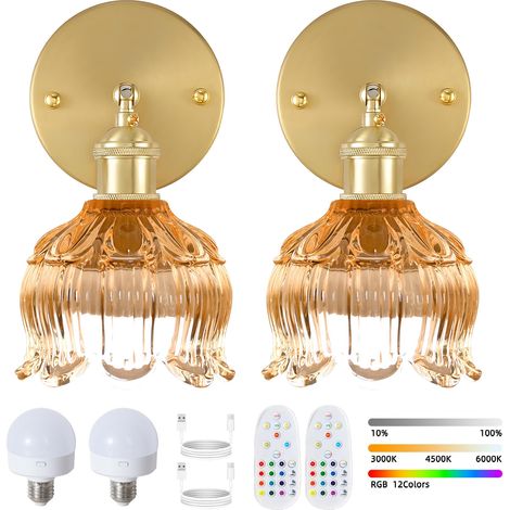Lot de 2 appliques murales LED rechargeables avec télécommande, lampe de chevet sans fil, intensité variable, changement de couleur RVB, 3 000K-6 000K (1/5)