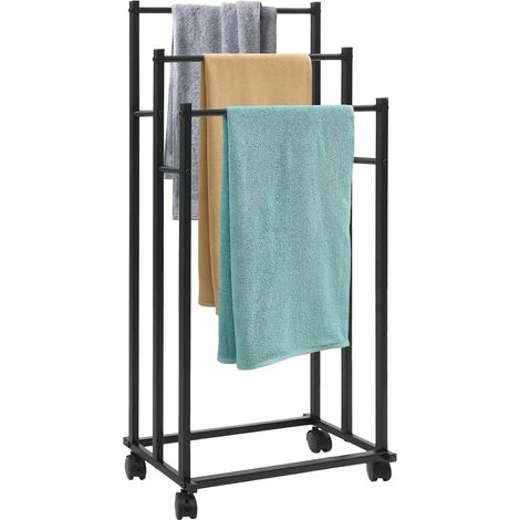 Porte-serviettes sur pied, porte-serviettes à 3 rails, porte-serviettes autoportant, salle de bain avec roulettes, porte-serviettes mobile en métal, noir, 44 × 21 cm (1/5)