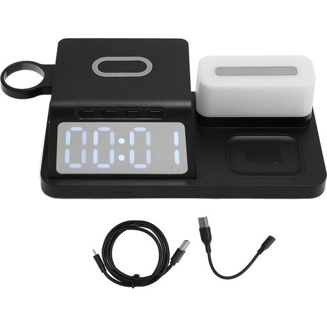 Réveil multifonction avec chargeur sans fil, veilleuse calendrier pour téléphone montre écouteurs Noir (1/5)