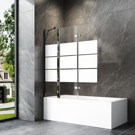 140x140cm Badewannenaufsatz 3-teilig Duschwand für Badewanne Duschtrennwand für Badewanne Duschwand Badewanne Faltwand Duschabtrennung Badewanne, 6mm ESG Glas mit Milchglas Streifen