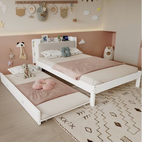 Lit gigogne 120x200 cm en bois blanc avec lit tiroir 90x190 cm et tête de lit rembourrée, sans matelas (1/5)